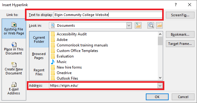 Insert hyperlink window