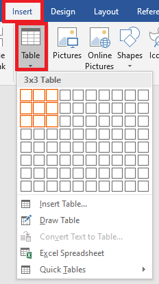 Insert table