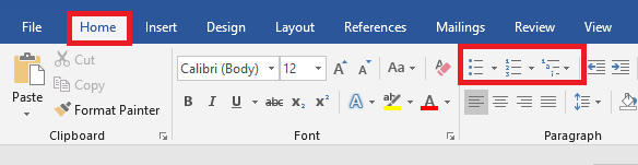 List in Home tab