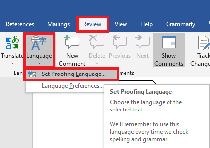 Set proofing language