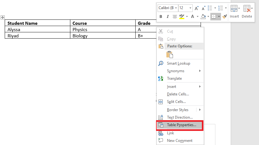 Table properties option