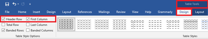 Header row in table