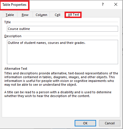 Table alt text