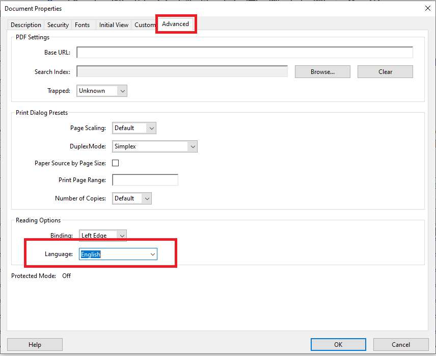 Document language setting