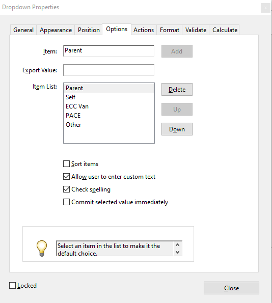 Dropdown list example