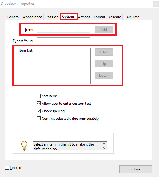 Dropdown properties options tab
