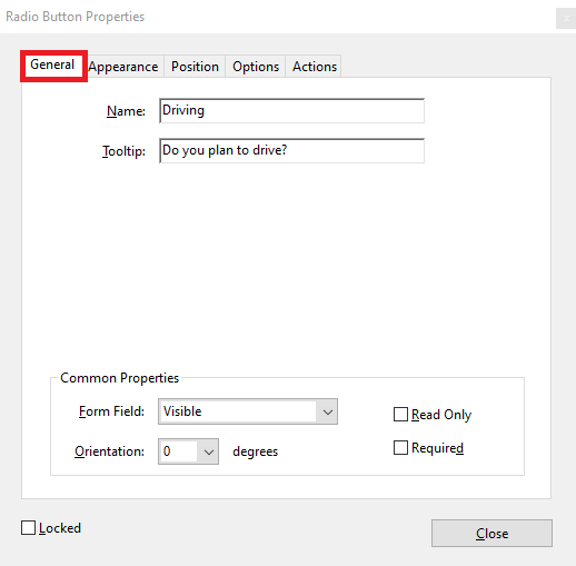 Radio button properties - general tab