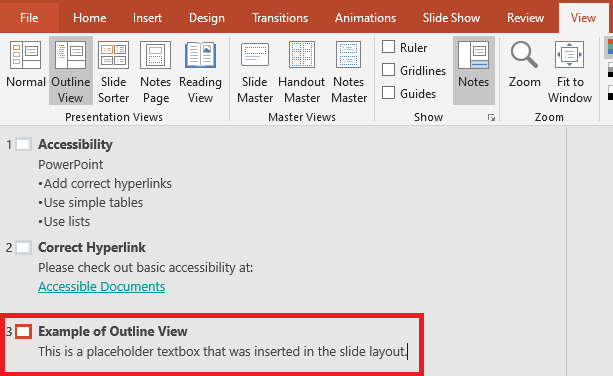 Outline view displaying reading order