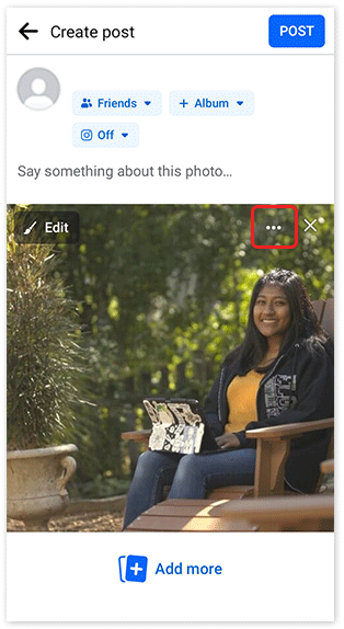 Mobile Facebook post creator with an uploaded image. The image's 3-dot menu button is highlighted.