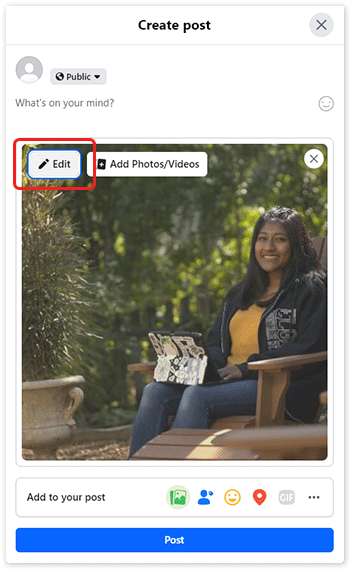 Facebook post creator with an uploaded image. The “Edit” button is highlighted.