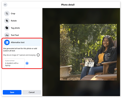 Image detail page of a Facebook post. “Alternative text” is highlighted, and “A student with a laptop” is written in the text box.