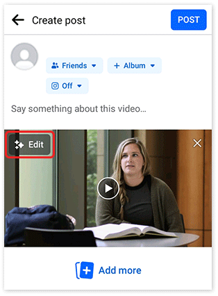 Mobile Facebook post creator with an uploaded video. The 