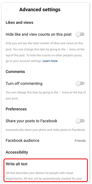 Advanced settings options in the Instagram mobile app. The “Write alt text” option is highlighted.