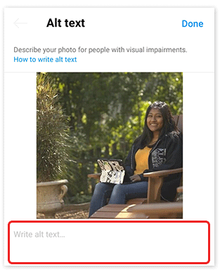 Alt text page for a photo in the Instagram mobile app. The “Write alt text…” field is highlighted.