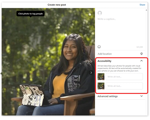 The caption page of an Instagram post creator. The “Accessibility” section is expanded, revealing two images with fields for alt text.