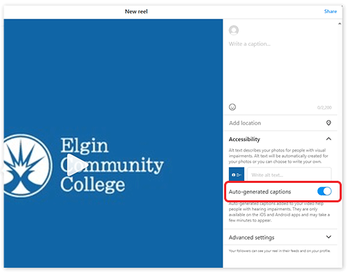 The post caption page of an Instagram reel. The “Accessibility” section is expanded. The 