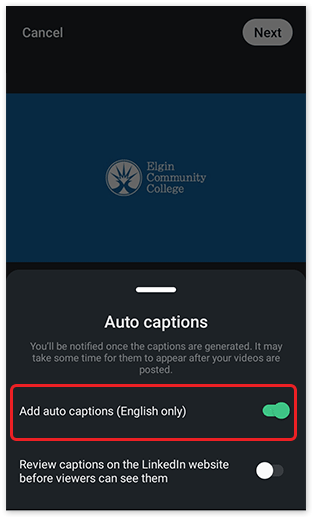 Caption options for a video on the LinkedIn mobile app. The 