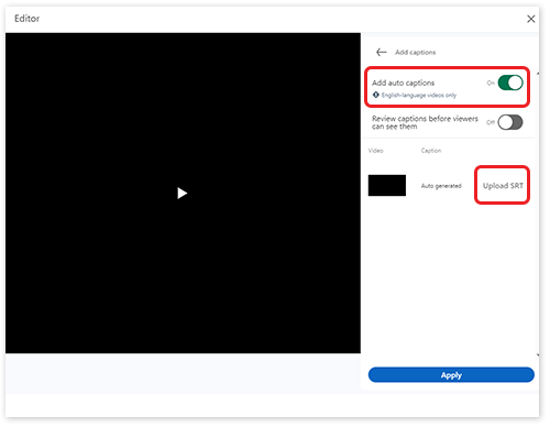 Captions page for a video on a LinkedIn post. The 