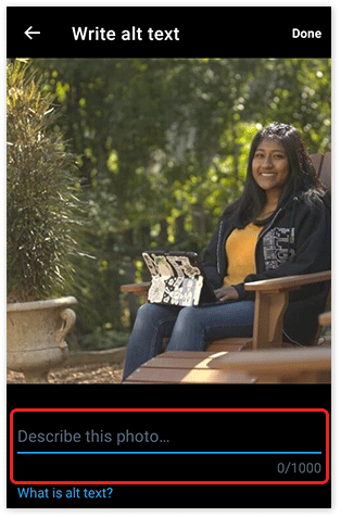 “Write alt text” page of an image for an X post on the mobile app. The text field labeled “Describe this photo…” is highlighted.