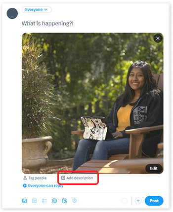 X post creator with an uploaded image. The “Add description” link is highlighted.