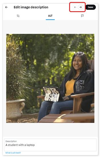 “Edit Image description” page of an image for an X post. “A student with a laptop” is typed in the description field. The left and right arrows at the top of the page are highlighted.