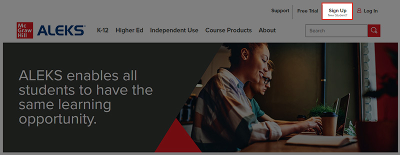 Screen grab showing the sign-up link on aleks dot com