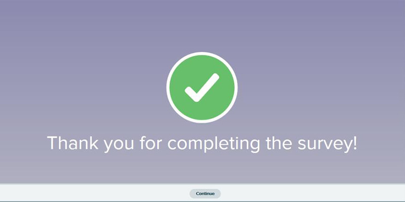 Screen grab showing the Thank you for completing the survey! message on aleks dot com