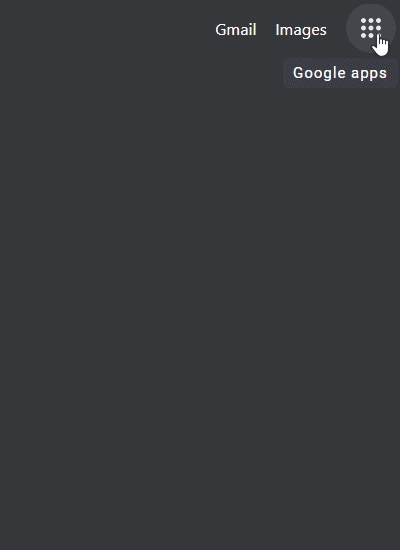 Animation showing how to access the Google apps drop down menu from a new Chrome tab; to open the Google Meet app shortcut.