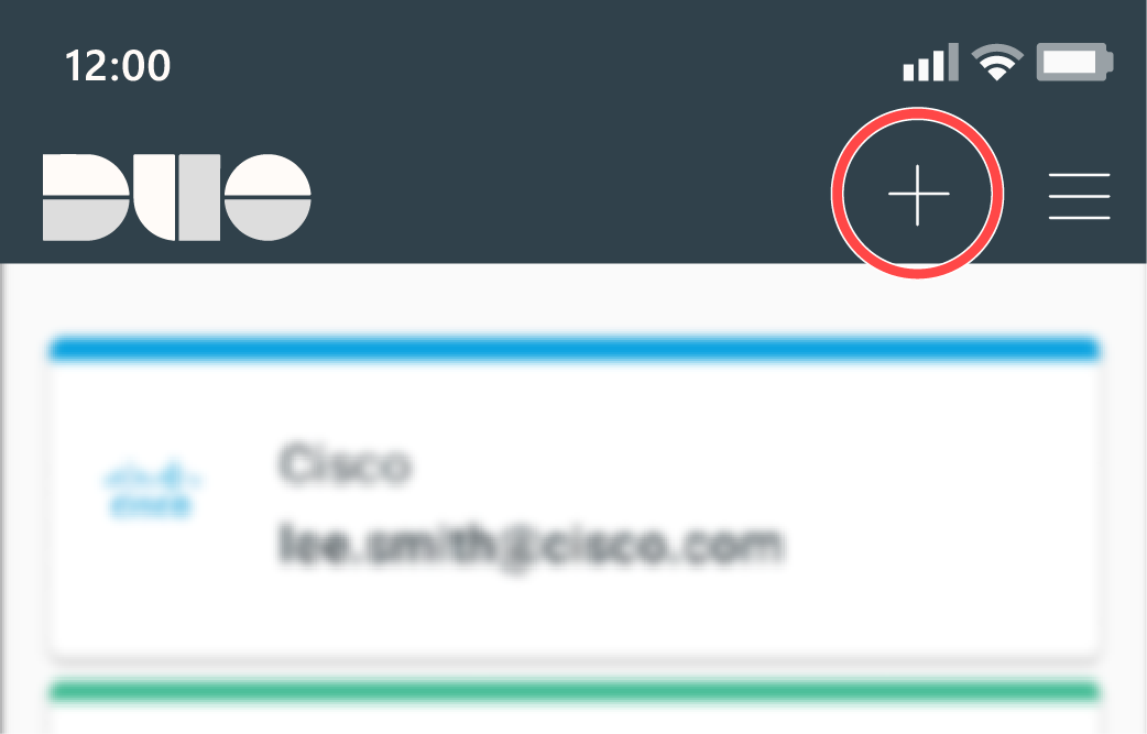 Duo Mobile app home page with the Plus / Add button circled.