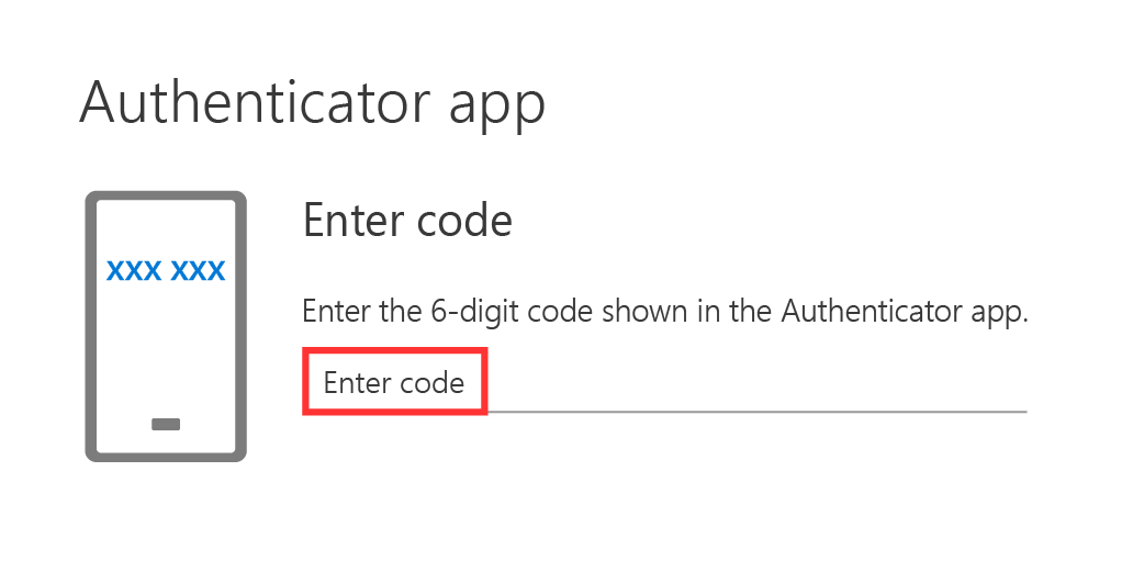 Enter Code page of the authenticator app setup in Microsoft 365. 