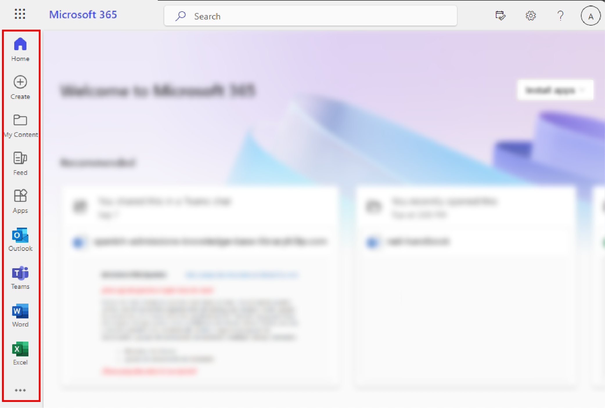 Home page of Microsoft 365 for browser. The apps in the sidebar navigation are highlighted.