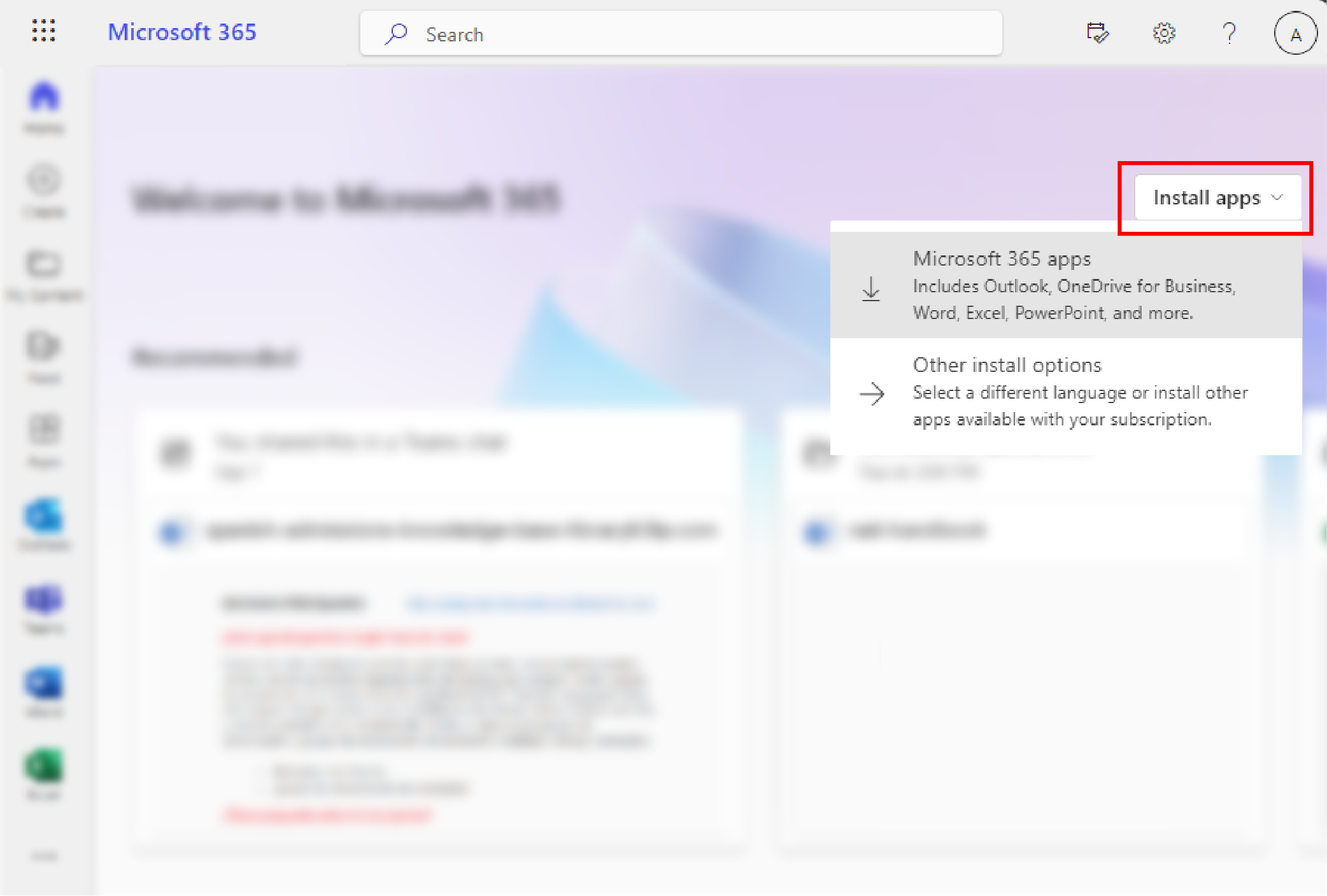 Home page of Microsoft 365 for browser. The 