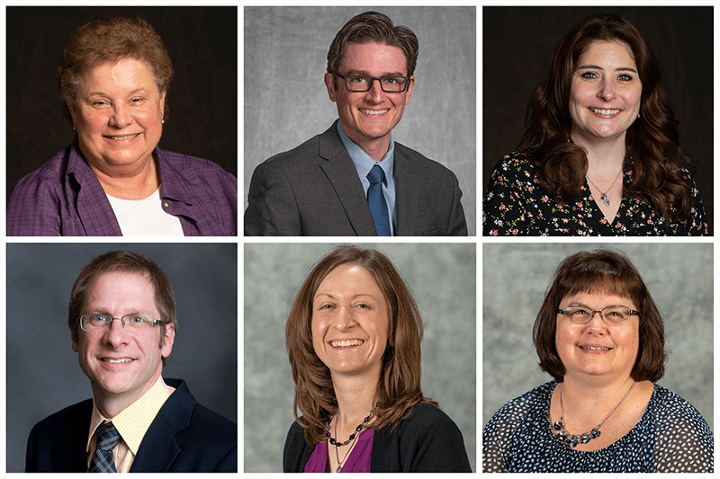 Clockwise from top left: Diane Flahaven, MS; Peter Gray, BFA; Michelle Kershner, MEd; Tim Moore, MA; Pietrina Probst, MA; Kelly Scott, MS.