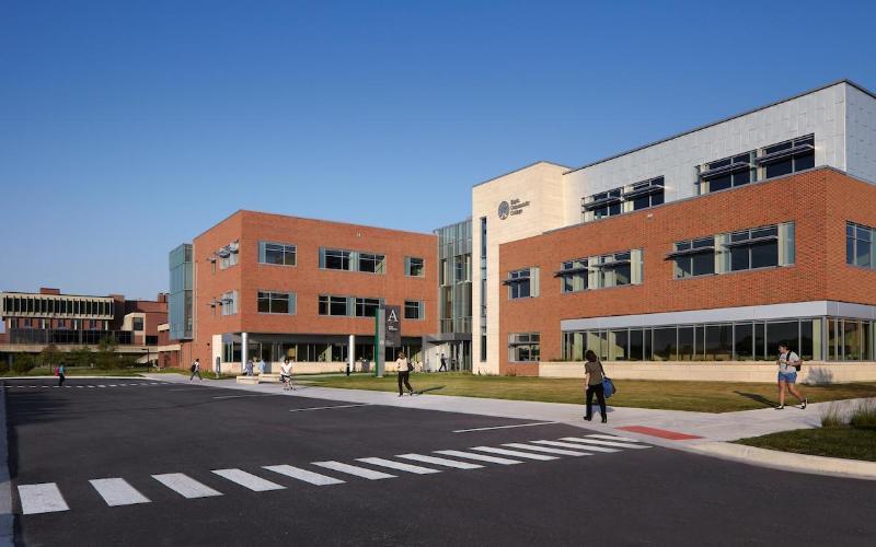 A side view of Elgin Community College's Building A, with Building B in the background