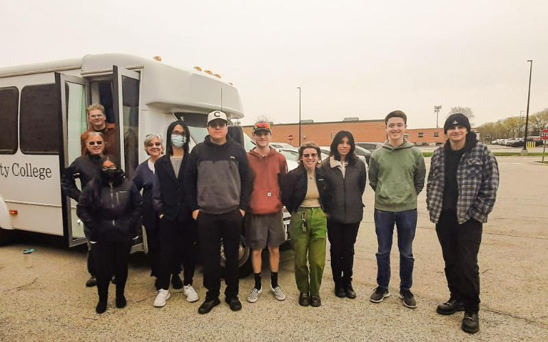 From left to right: Tom Limberis, instructor of welding; Chuck Timm, volunteer; Debora Culajay, student; Susan Timm, EdD, professor of business; Yeung Ming Li, student; Christian Cruz, student; William J. Lietzow III, student; Saffron Bruno, student; Meralia Gómez, student; Brendan Schoneberg, student; Zachary Kuhlman, student;
