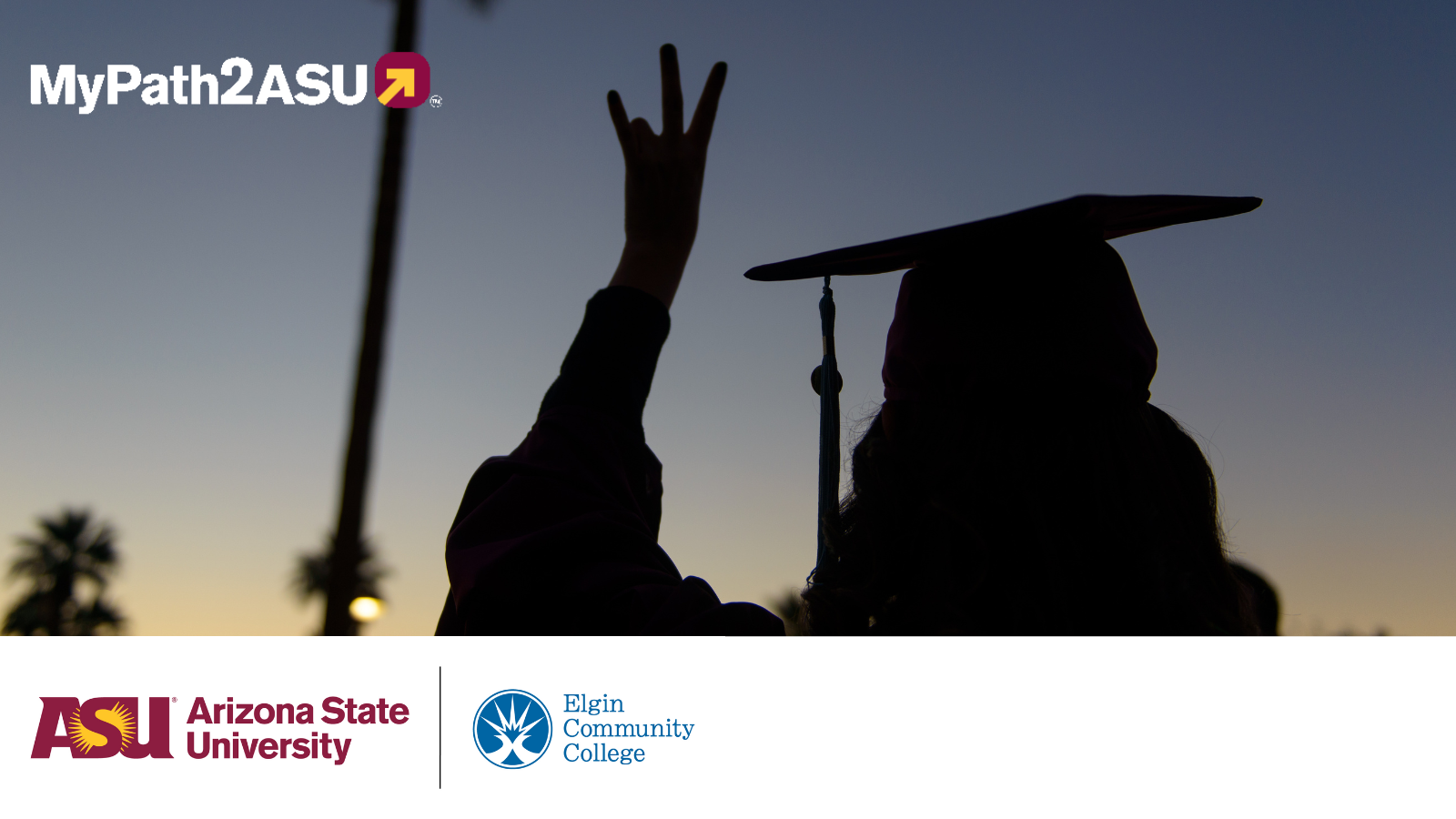 Silhouette of student in graduation cap making the Arizona State SunDevil hand gesture.