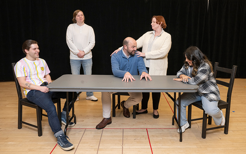 The cast of Next to Normal from left to right: Nathan Turner, Austin Krause, Joseph Sebastian Fabal, Christine Pfenniger, and Lorena Miranda