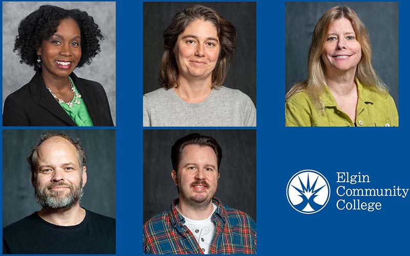 Top Row: Mia Hardy, PhD, assistant professor of sociology and Roxana Idu, PhD, assistant professor of economics; and Tracy Meyer, MS, associate professor of mathematics; Bottom Row: Geoffrey Pynn, PhD, associate professor of humanities and Adam Schlipmann, MME, instructor of music