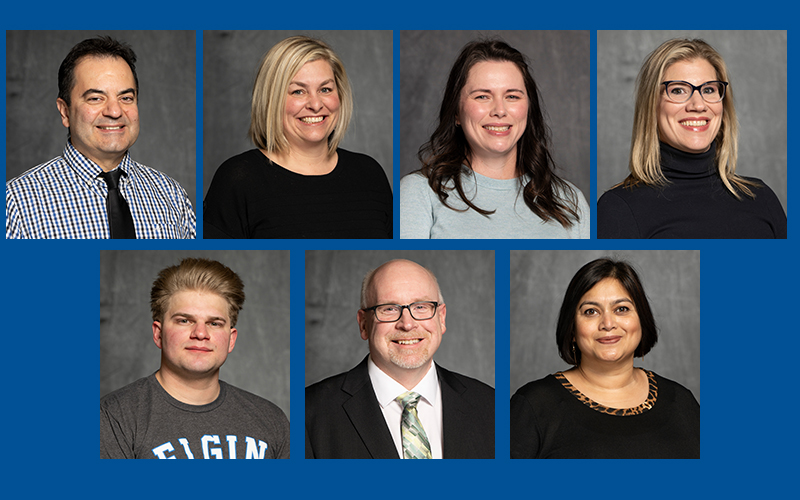 Top row from left to right: Charles Dakarian, DMED, assistant professor of biology; Jacquelyn Dalke, instructor of nursing; Lisa Hodson, instructor of nursing; and Elizabeth Hultman, instructor/public service librarian. Bottom row from left to right: Thomas Limberis, instructor of welding; Chad Pearion, assistant professor of biology; and Rituparna Saha, PhD, assistant professor of chemistry
