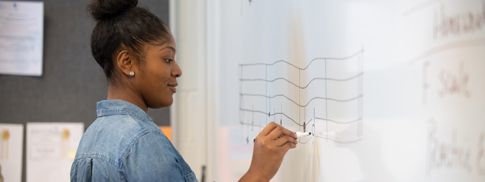 A music student writing musical score on a marker board in the classroom.