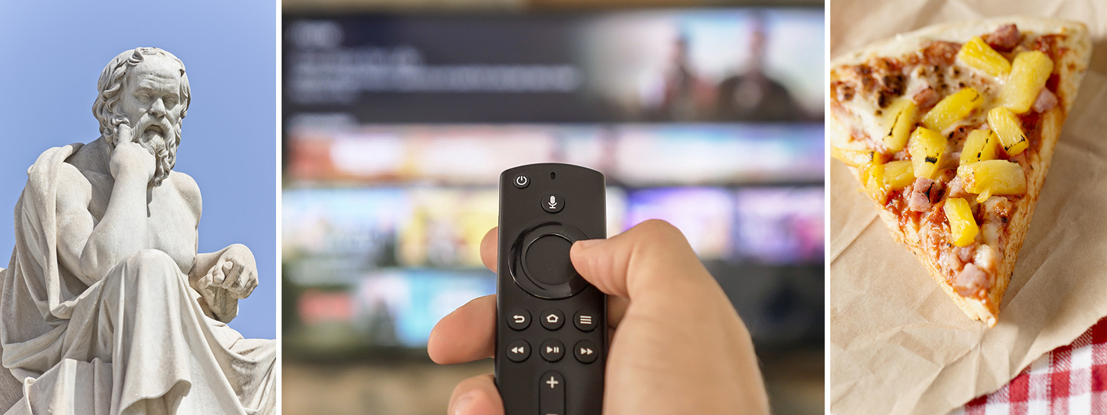 Collage of TV remote, pizza and Greek statue