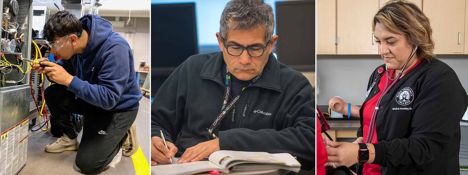 Collage of a student fixing an HVAC system, an adult student studying, and a medical assisting student taking blood pressure.